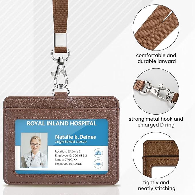 Teskyer Badge Holder with Lanyard, Leather ID Name Badge Card Holder with Lanyard for ID Badges, Horizontal, Lychee Pattern Coffee