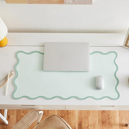 Ralxion Sage Green Scalloped Desk Mat, 31.5" x 15.7", PU Leather, Waterproof Anti-Slip, Cute Aesthetic Desk Pad for Office/Home/Game/Vanity Large