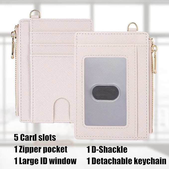 Suweibuke Slim Pocket Wallet, RFID Blocking Credit Card Holder Wallet with D-Shackle ID Window and Detachable keychain for Women (A-Beige)
