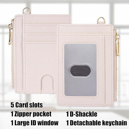 Suweibuke Slim Pocket Wallet, RFID Blocking Credit Card Holder Wallet with D-Shackle ID Window and Detachable keychain for Women (A-Beige)