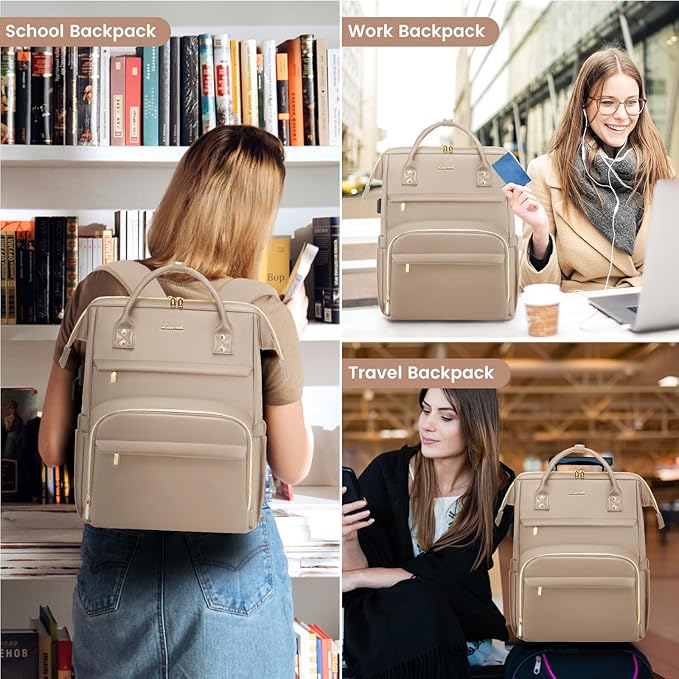 LOVEVOOK Leather Laptop Backpack for Women 15.6 inch,Travel Backpack Purse Nurse Teacher Backpack Computer Laptop Bag,Professional College Business Work Bags Carry On Backpack with USB Port,Sandy