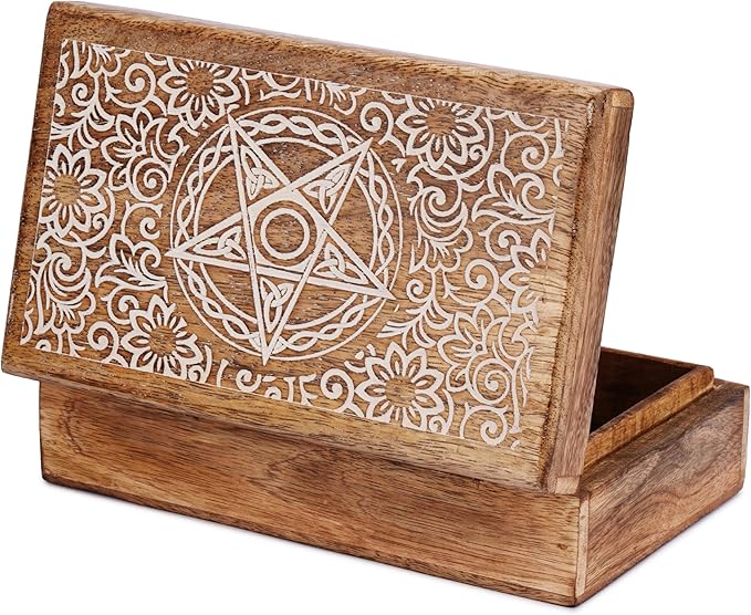 Ajuny Handmade Wooden Decorative Storage Box Star Floral Pattern Multipurpose Keepsake Treasure Chest Box for Memory Cards, Watches, Jewlery and Small Accessories Gift for Men and Women - 8X5 Inch