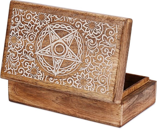 Ajuny Handmade Wooden Decorative Storage Box Star Floral Pattern Multipurpose Keepsake Treasure Chest Box for Memory Cards, Watches, Jewlery and Small Accessories Gift for Men and Women - 8X5 Inch