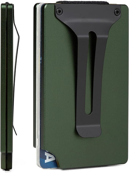 Minimalist Carbon Fiber Wallet for Men, Money Clip Cash Strap Wallet, RFID Blocking Metal Wallet Aluminum Card Holder,Front Pocket Wallet(Matte Green)