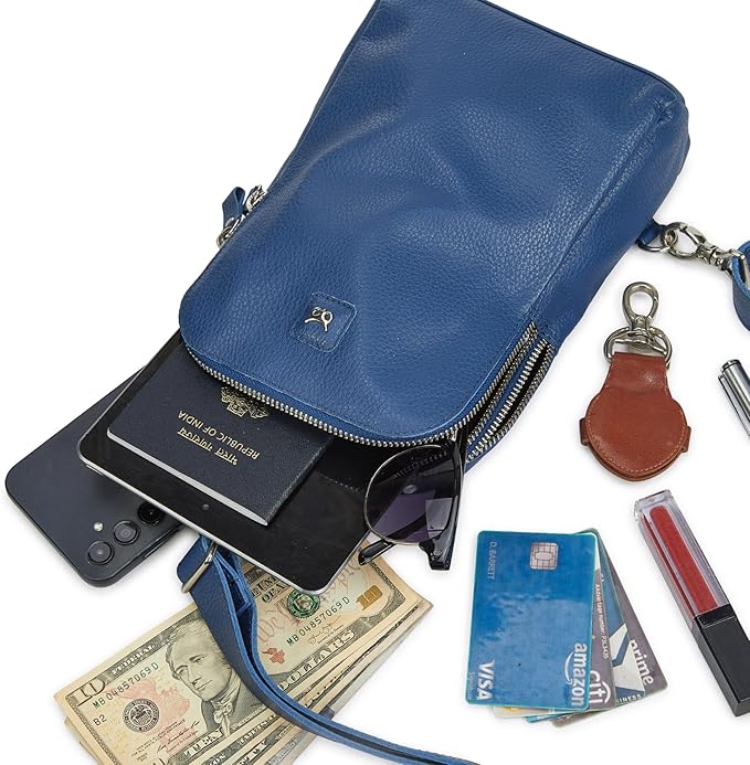 Leather Sling Bag for Women Genuine Crossbody Purse Small Trendy Cross Over Chest with Phone and Credit Card Slots (Sapphire Blue Nappa)