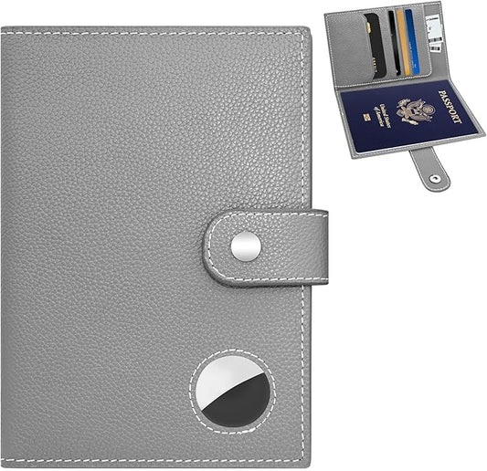 Genuine Leather Passport Holder for Travel, RFID Blocking Passport Wallet with Tracker Holder, Slim Passport Cover Travel Wallet for Women Men, Airport Essentials (Gray)