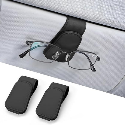 2 Packs Sunglass Holder for Car, Magnetic Leather Car Sunglass Holder, Visor Sunglasses Holder Clip, Sunglasses Clip for Car Visor, Sunglass Holder for Different Size Eyeglasses (Black)