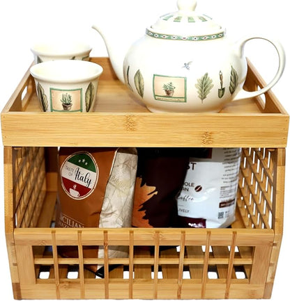 Bamboo Storage Bin - Multipurpose, Stackable Open Front Storage Bin with Bamboo Serving Tray Lid for Kitchen & Pantry - Stylish Lattice Design