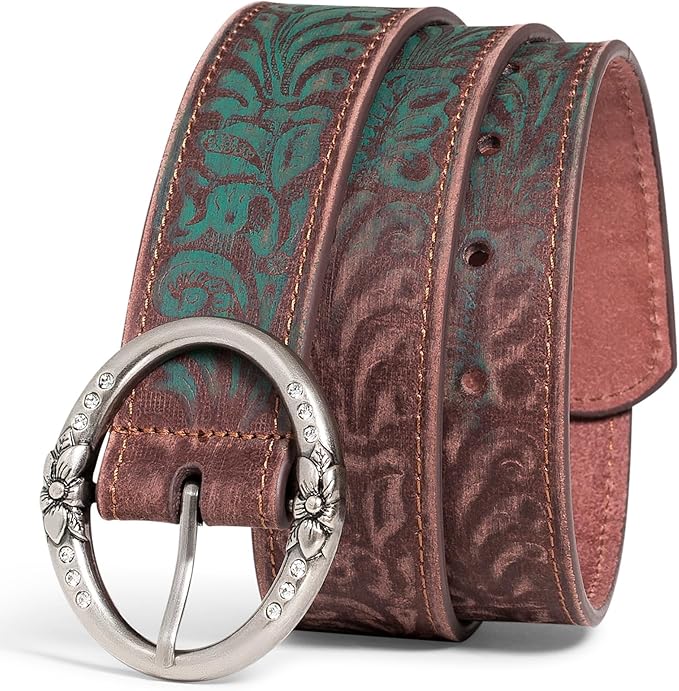 BC Belts Distressed and Embossed Brown Teal Leather Belt with Rhinestone Ring Buckle - Vintage Western Style for Women