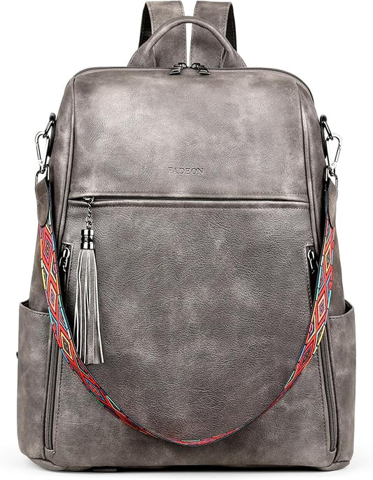 FADEON Leather Laptop Backpack for Women Designer 15.6 inch PU Laptop Bag, Ladies Travel Computer Work Backpack Grey