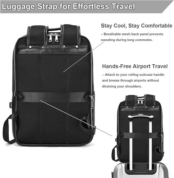 Genuine Leather 15.6 Inch Laptop Backpack for Men, Multi Pocket Slim Daypack Shoulder Bag with Trolley Sleeve for Business Travel (Black)