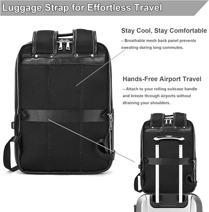 Genuine Leather 15.6 Inch Laptop Backpack for Men, Multi Pocket Slim Daypack Shoulder Bag with Trolley Sleeve for Business Travel (Black)