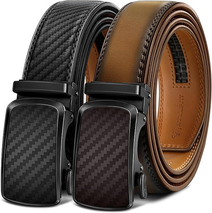 BULLIANT Men's Ratchet Belt 2 Pack-Click Leather Belt Adjustable for Men Gift 1 3/8-Cut for Perfect Fit