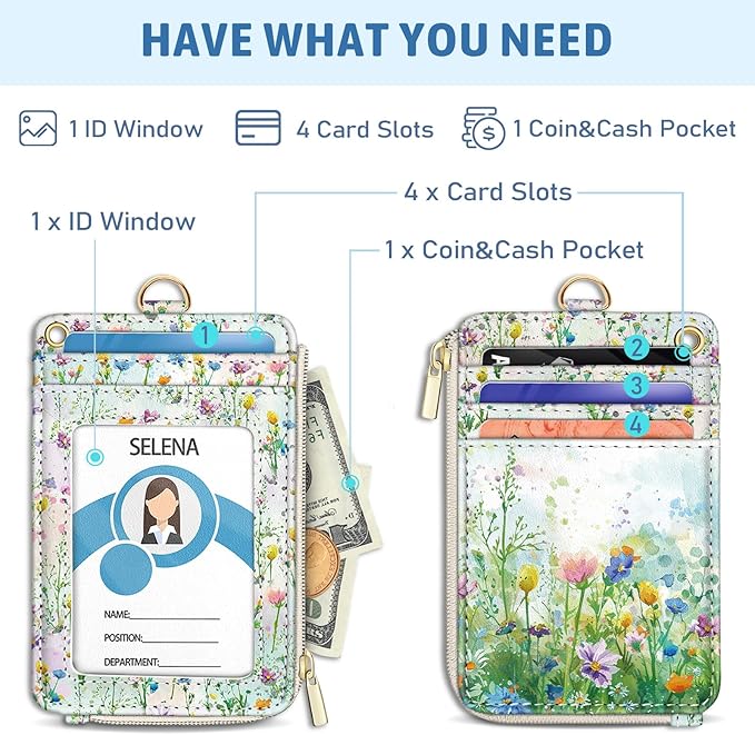 Piefly Flower Lanyard Wallet with ID Badge Holder, Small RFID Wallet Women Keychain Wristlet, Slim Credit Card Holder Case with Zipper Pocket Phone Lanyard Wrist Strap for Name Tag Office Teacher Gift