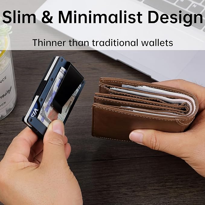 Minimalist Carbon Fiber Wallet for Men, Money Clip Cash Strap Wallet, RFID Blocking Metal Wallet Aluminum Card Holder,Front Pocket Wallet(Matte Navy Blue)