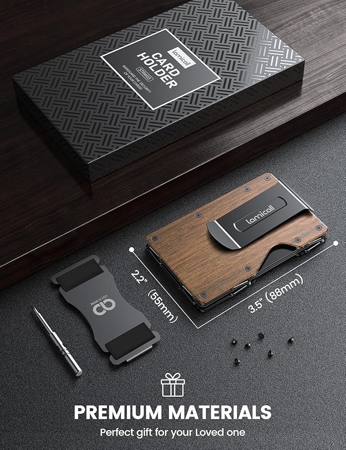 Lamicall Minimalist Metal Wallet for Men - [Mechanical Hinges][15-20 Cards] Capacity Slim Wallets, Credit Card Holder, Money Clip & Cash Strap, RFID, Gifts for Men Father Dad Mom, Metal Wooden Brown