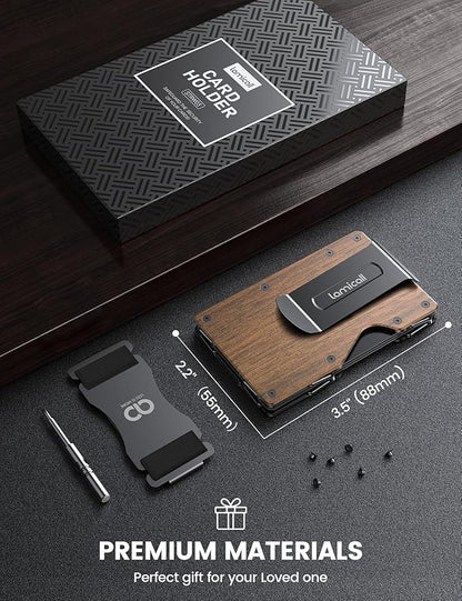 Lamicall Minimalist Metal Wallet for Men - [Mechanical Hinges][15-20 Cards] Capacity Slim Wallets, Credit Card Holder, Money Clip & Cash Strap, RFID, Gifts for Men Father Dad Mom, Metal Wooden Brown
