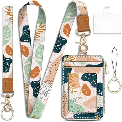 Lanyard Wallet with Id Badge Holder, Boho RFID Small Keychain Wallet Women Wristlet, Cute Zipper Credit Card Holder Phone Wrist Neck Strap for Key Name Tag, Teacher Student Office Gifts