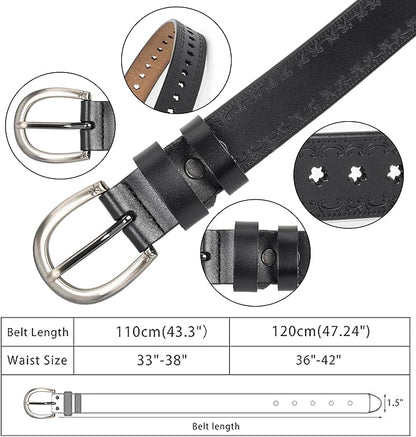 INOGIH Women Vintage Floral Engraved Embossed Genuine Western Leather Belt for Jeans Dresse