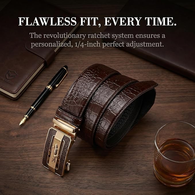 Luxury Crocodile Pattern Leather Belt with Automatic Buckle, Black and Brown, Gold and Gunmetal Buckle, Ratchet Design