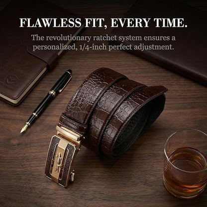 Luxury Crocodile Pattern Leather Belt with Automatic Buckle, Black and Brown, Gold and Gunmetal Buckle, Ratchet Design