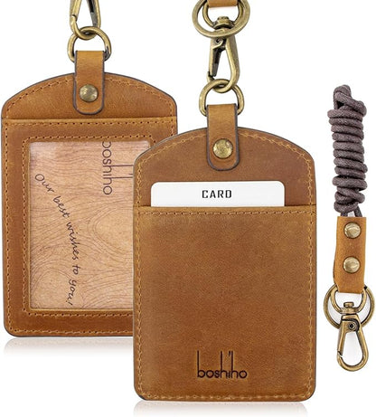 Badge Holder: Boshiho Cowhide Leather ID Badge Card Holder with 19" Neck Lanyard, Vertical Style (Light Brown)