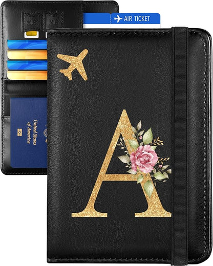 Slohif Initial Passport Holder Cover Wallet Case for Travel Women - Leather Letter Passport Book Family Multiple Personalized Organizer Card Slots Protector Sleeve Essentials Slim Carrier A Black