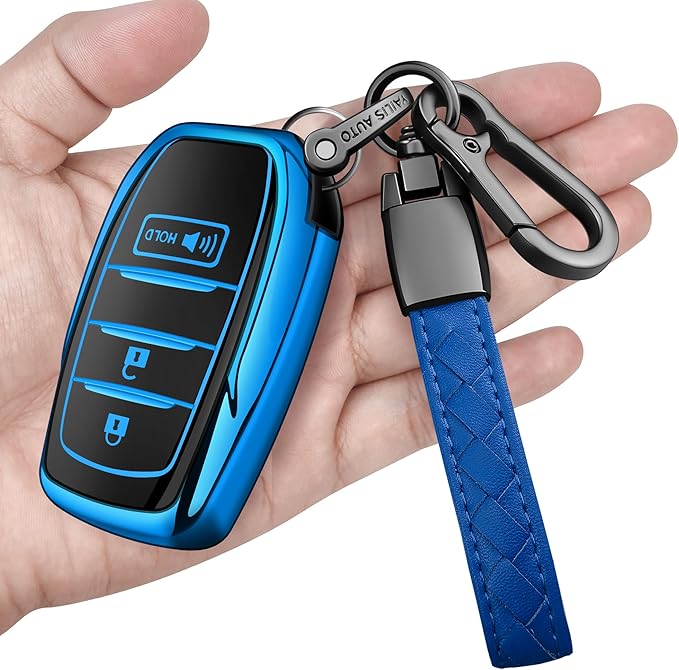 Sindeda for Toyota Key Fob Cover with Metal Keychain & Leather Strap for 2025-2026 Camry 4 Runner 2019-2026 Venza, Land Cruiser,2023-2026 Tacoma Grand Highlander,Corolla,bZ4X,3-Buttons(Blue)