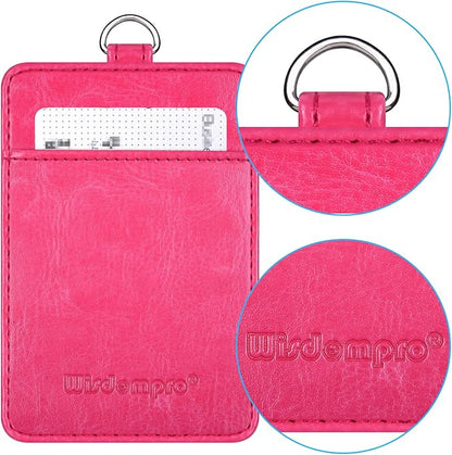 Badge Holder, Wisdompro 2-Sided PU Leather ID Badge Card Holder Wallet Case with 1 Clear ID Window and 1 Credit Card Slot and 22 Inch Quick Rlease Detachable Neck Lanyard Strap - Hot Pink (Vertical)