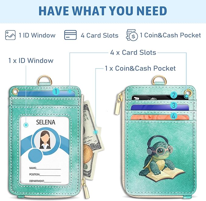 Piefly Turtle Lanyard Wallet with ID Badge Holder, Cute Small RFID Wallet Women Keychain Wristlet, Slim Credit Card Holder with Zipper Pocket Phone Lanyard Wrist Strap for Name Tag Office Teacher Gift