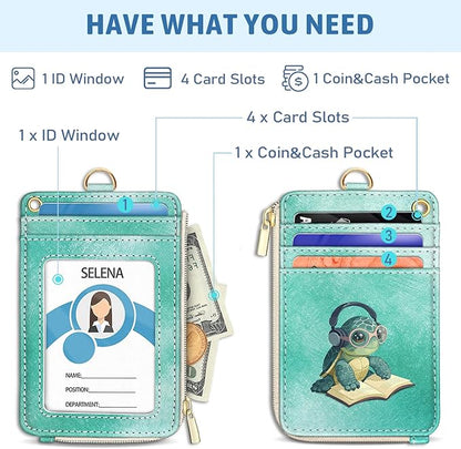 Piefly Turtle Lanyard Wallet with ID Badge Holder, Cute Small RFID Wallet Women Keychain Wristlet, Slim Credit Card Holder with Zipper Pocket Phone Lanyard Wrist Strap for Name Tag Office Teacher Gift