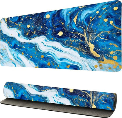 Modern Blue Marble Desk Mat, Luxurious PU Leather Desk Pad - Large Non-Slip Office Mat for a Stylish Gaming & Home Workspace, Aesthetic Desk Decor （31.5 * 15.75in）