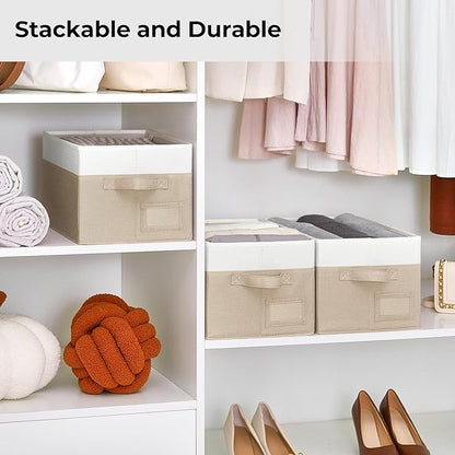 GRANNY SAYS Shelf Storage Baskets, Fabric Storage Bins for Clothes, Closet Storage Boxes with Handles, Collapsible Storage Containers for Bedroom and Living Room, Khaki&Ivory, Medium, 3-Pack