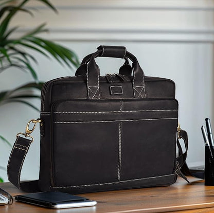 LEATHER VILLAGE 18" Leather Laptop Messenger Briefcase Bag for Men-Leather Satchel for Travel and Office Shoulder Bag- Black