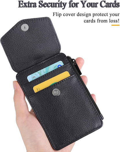 Teskyer Badge Holder with Side Zip Pocket, Multiple Card Slots Leather ID Holder Wallet with Neck Lanyard for Office Staffs, Teachers/Students, Workers, Cruise Cards, Bus/Metro Cards, Lichee Black
