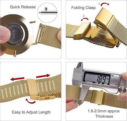 EACHE Stainless Steel Mesh Watch Band for Men Women, Quick Release Mesh Watch Straps 12mm 14mm 16mm 18mm 20mm 22mm