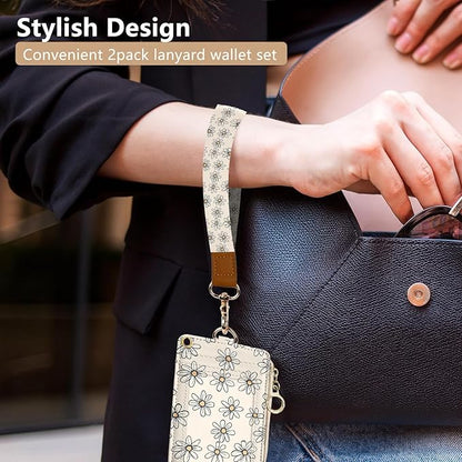 bolimoss Daisy Lanyards for ID Badges Keys, 2-in-1 Cute Floral ID Badge Holder & Lanyard Wallet,PU Leather Wallet Lanyard Card Name Tag Protector for Women Nurses, Teachers, Students