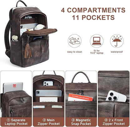Leather Laptop Backpack for Women, 15.6" Causal Daypack Backpacks Purse Computer Backpack with Laptop Compartment for Travel Work College Business, Coffee