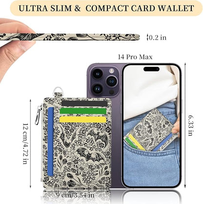 Hancynir Goth Bat Floral Slim Wallet Women Credit Card Holder Gothic Flower RFID Blocking Small Cute Card Wallets Mini Front Pocket PU Leather Thin Travel Zipper Coin Cash Ladies Female Wallet Gifts