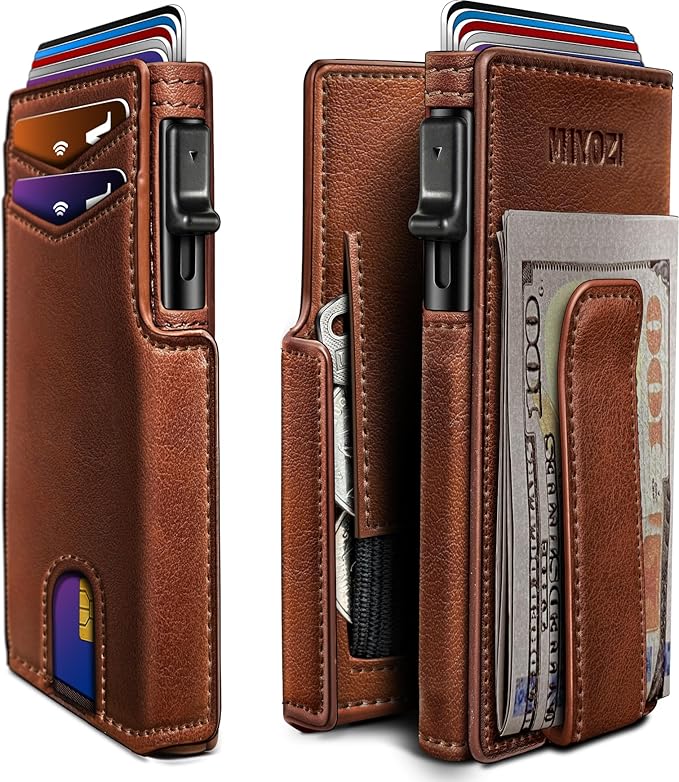 miyozi Wallet for Men, Magnetic Minimalist Slim Wallet with Pop Up Card Holder, 9 Cards RFID Blocking Metal Credit Card Case, Leather Wrapped Money Clip, ID Window & Small Item Slot, Gift Boxed