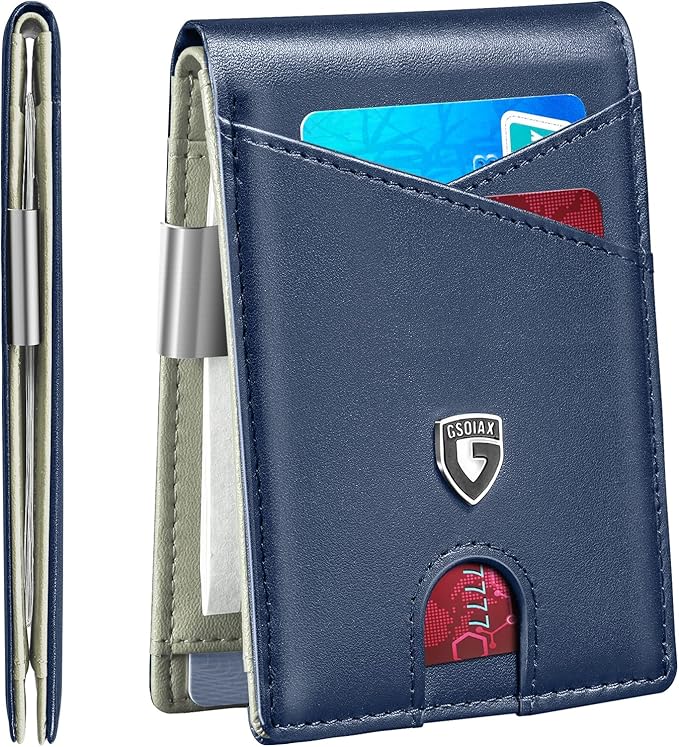 GSOIAX Slim Leather RFID Bifold Wallet for Men Minimalist Front Pocket Wallet with Money Clip,12 Card Slots,ID Window,Cool Groove Design,Includes Gift Box (Dark Blue and Beige)