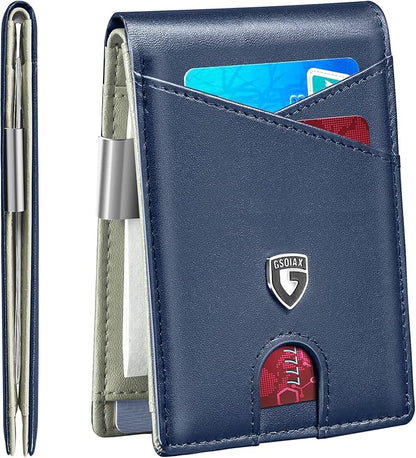 GSOIAX Slim Leather RFID Bifold Wallet for Men Minimalist Front Pocket Wallet with Money Clip,12 Card Slots,ID Window,Cool Groove Design,Includes Gift Box (Dark Blue and Beige)