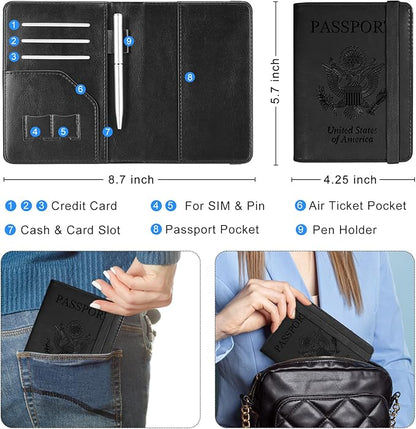 ACdream RFID BLOCKING Passport Holder Travel Wallet, Premium PU Leather Cover Passport Book with Card Holder, Pen Holder, Keep Organization, and Travel Essentials for Women and Men, Black