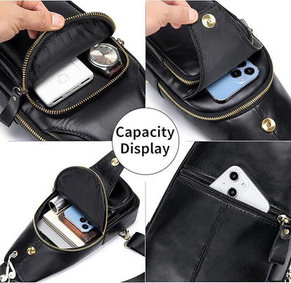 Mens Sling Bag Genuine Leather Crossbody Bags for Men Small Sling Chest Backpack Casual Man Bag Hiking Outdoor, Black