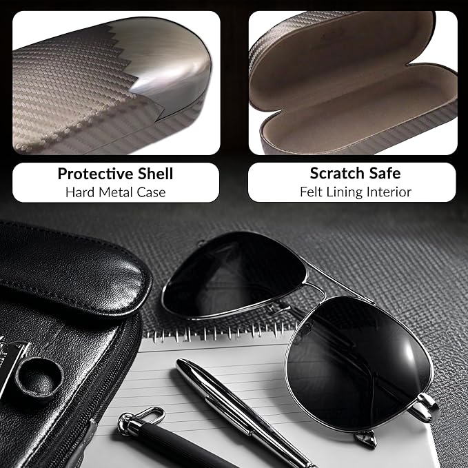 MyEyeglassCase - Large Sunglasses Case - Hard Glasses Case Holder w/Pouch & Cloth - Eyeglass Case Aviator Frames Men & Women