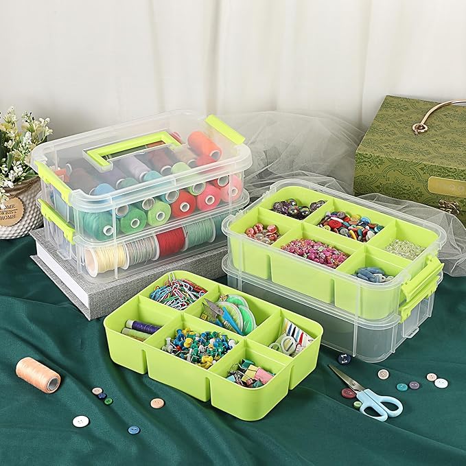 JUXYES 4-Tiers Stack Carry Storage Box With 2 Divided Tray, Transparent Stackable Storage Bin With Handle Lid Latching Storage Container for School & Office Supplies, Green