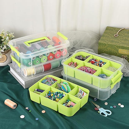 JUXYES 4-Tiers Stack Carry Storage Box With 2 Divided Tray, Transparent Stackable Storage Bin With Handle Lid Latching Storage Container for School & Office Supplies, Green