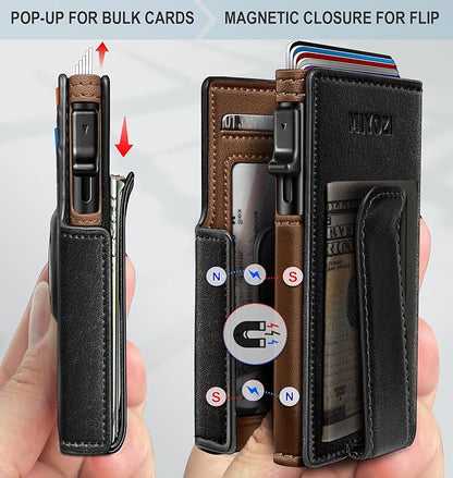 miyozi Airtag Wallet for Men,with Money Clip 10 Cards Metal Case Smart Slim Pop Up Credit Card Holder Flip with Magnetic Closure RFID Blocking wallet with Gift Box