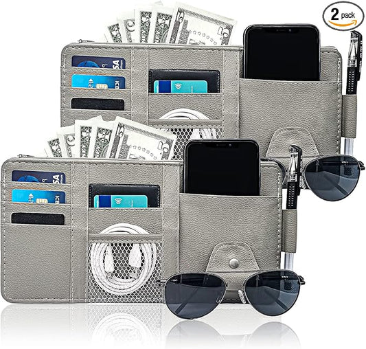Keedolla 2Pcs Car Sun Visor Organizer with Zipper Pocket, Car Truck Visor Storage Pouch Holder Travel Auto Document Holder for Mobile Phone, Sunglasses, Card - Gray