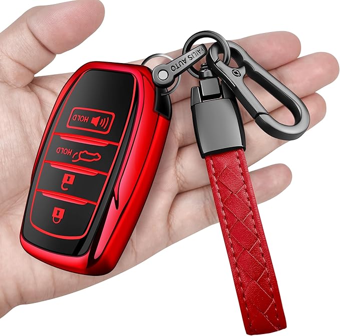 Sindeda for Toyota Key Fob Cover with Metal Keychain & Leather Strap for 2025-2026 Camry 4 Runner 2019-2026 Venza, Land Cruiser,2023-2026 Tacoma Grand Highlander,Corolla,bZ4X,4-5 Buttons(Red)